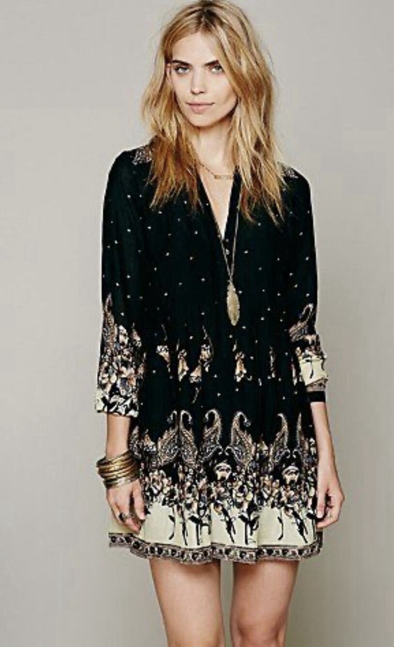 Free People Sierra Valley Mini Dress Small Black Paisley Floral Boho M